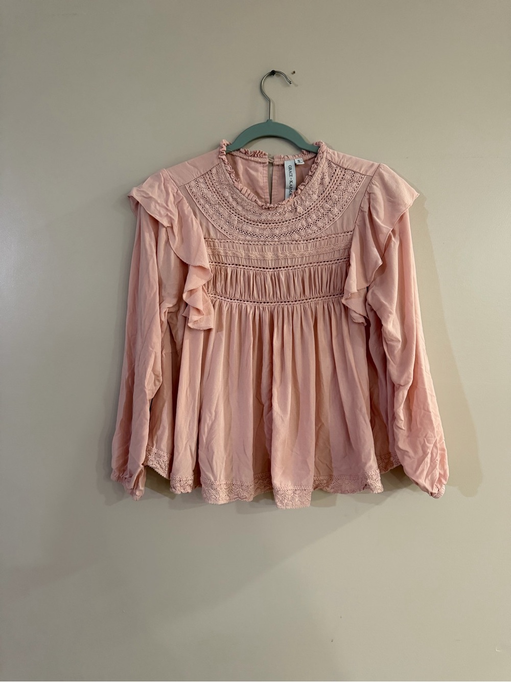 Smocked Ruffle Long-Sleeve Blouse in Blush Pink